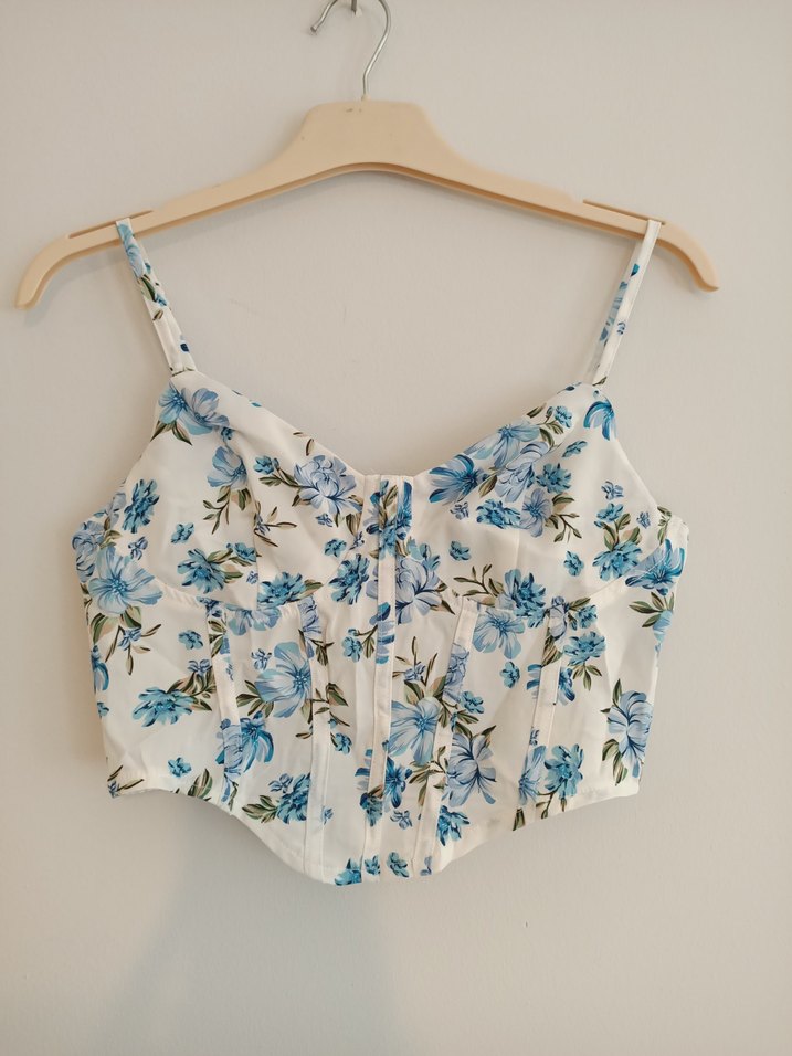 Shein S beden Mavi Çiçekli Bohem Drapeli Büstiyer - Görsel 2