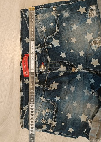 30 beden Yıldız Desenli Koyu Mavi Mini Kot Şort - Görsel 6