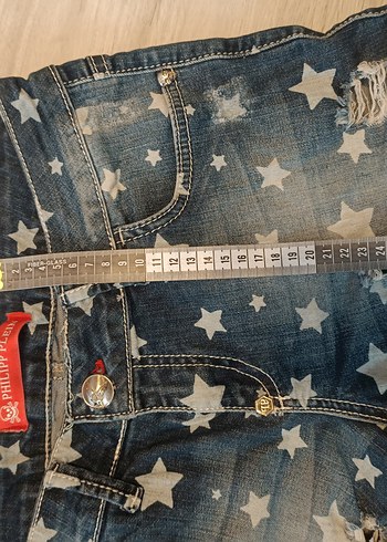 30 beden Yıldız Desenli Koyu Mavi Mini Kot Şort - Görsel 5