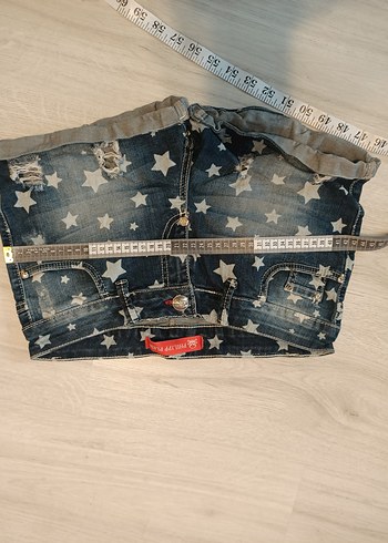 30 beden Yıldız Desenli Koyu Mavi Mini Kot Şort - Görsel 7