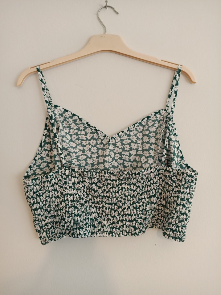 Shein 2XL.Yeşil Çiçek Desenli V Yaka Mini Crop Top - Görsel 2