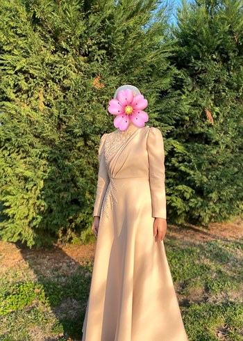 Bej İşlemeli Uzun Kollu Abiye Elbise - Görsel 4