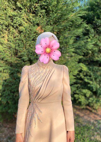 Bej İşlemeli Uzun Kollu Abiye Elbise - Görsel 2