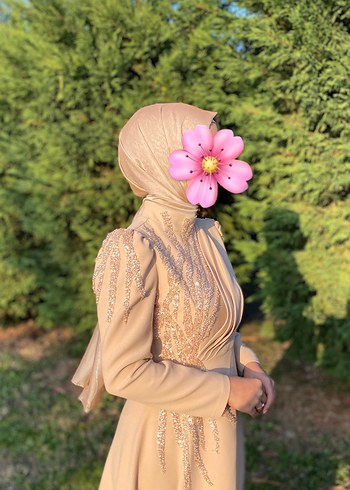 Bej İşlemeli Uzun Kollu Abiye Elbise - Görsel 3