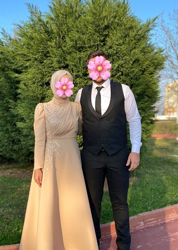 Bej İşlemeli Uzun Kollu Abiye Elbise - Görsel 5