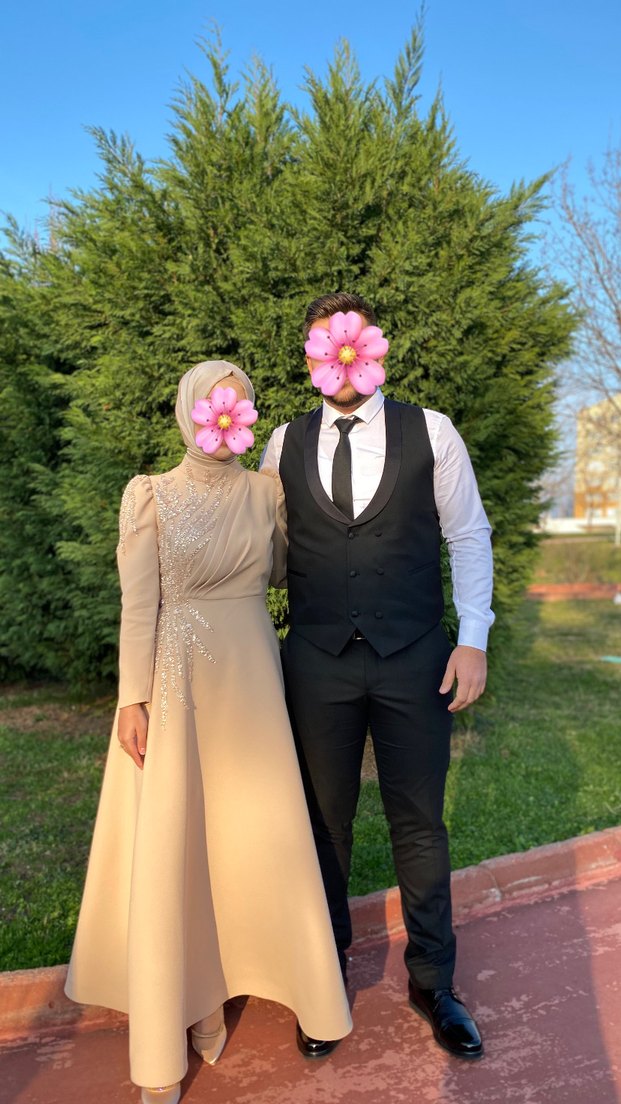 Bej İşlemeli Uzun Kollu Abiye Elbise - Görsel 5