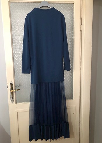 Lacivert Pilili Uzun Kollu Kadın Elbise - Görsel 2