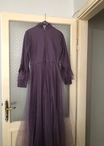 Uzun Mor İşlemeli Kadın Abiye Elbise - Görsel 5