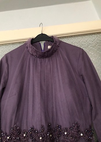 Uzun Mor İşlemeli Kadın Abiye Elbise - Görsel 3