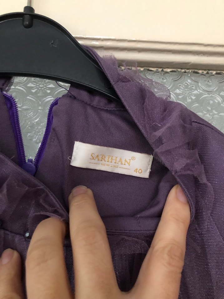 Uzun Mor İşlemeli Kadın Abiye Elbise - Görsel 4