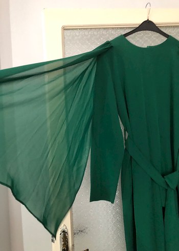 Uzun Kollu Yeşil Keten Bohem Elbise - Görsel 3