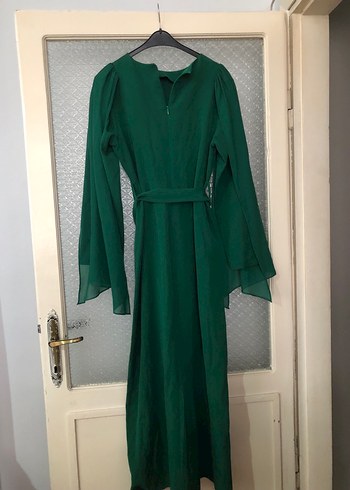 Uzun Kollu Yeşil Keten Bohem Elbise - Görsel 2