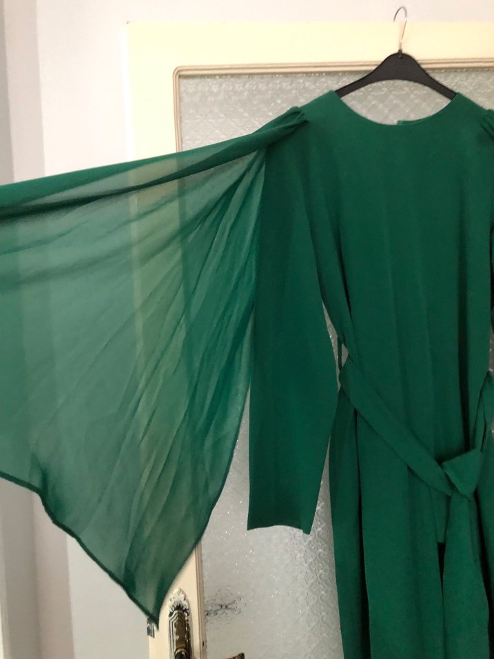 Uzun Kollu Yeşil Keten Bohem Elbise - Görsel 3