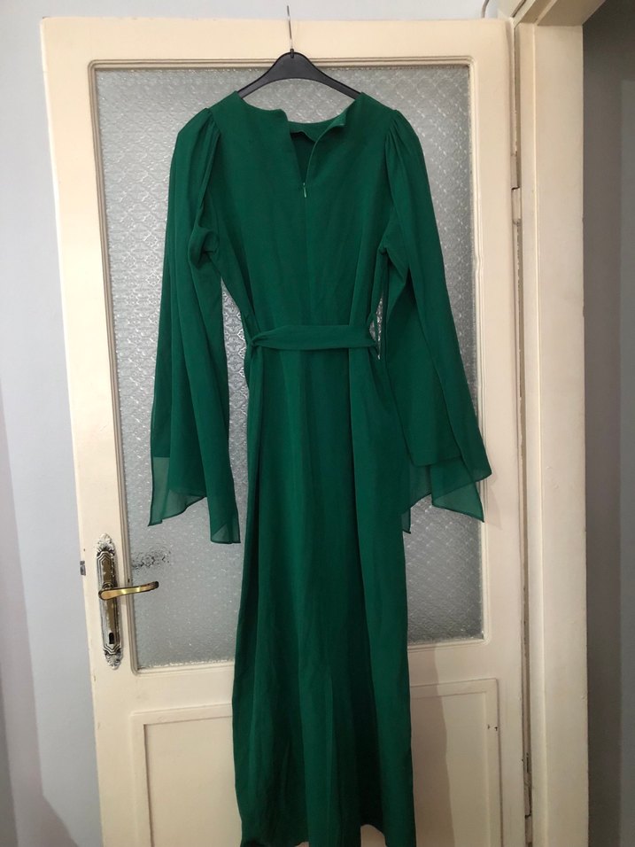 Uzun Kollu Yeşil Keten Bohem Elbise - Görsel 2