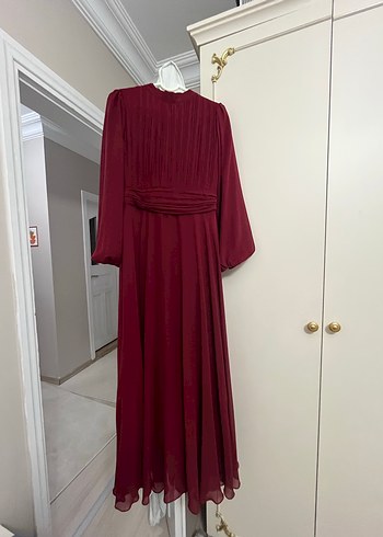 Bordo Uzun Kollu Drapeli Kadın Elbise+ŞAL - Görsel 5