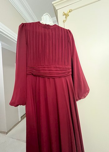 Bordo Uzun Kollu Drapeli Kadın Elbise+ŞAL - Görsel 3