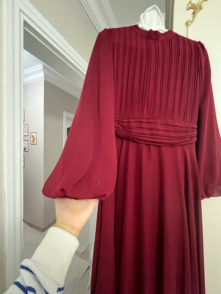 Bordo Uzun Kollu Drapeli Kadın Elbise+ŞAL - Görsel 4