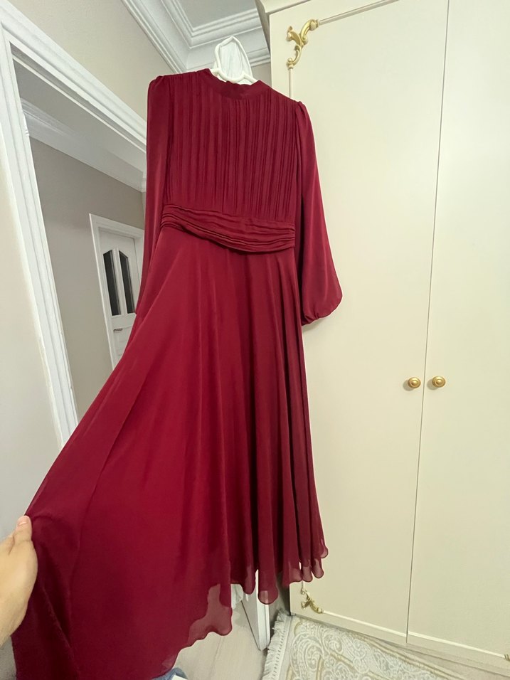 Bordo Uzun Kollu Drapeli Kadın Elbise+ŞAL - Görsel 2