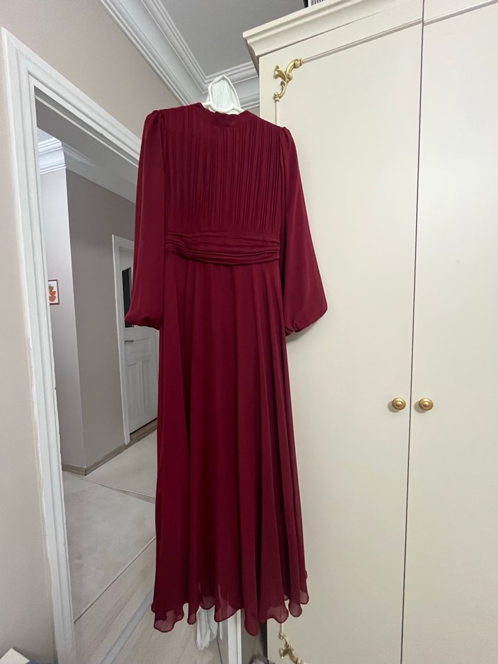 Bordo Uzun Kollu Drapeli Kadın Elbise+ŞAL - Görsel 5