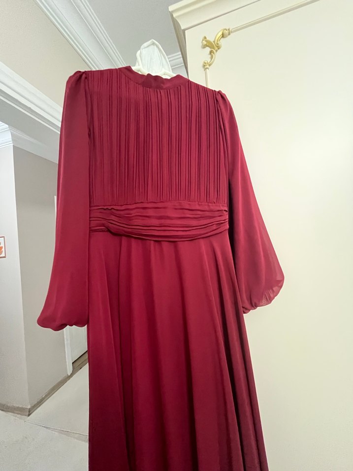Bordo Uzun Kollu Drapeli Kadın Elbise+ŞAL - Görsel 3