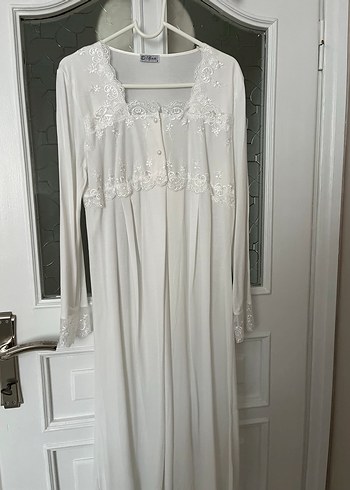 Uzun Kollu Nakışlı Beyaz Kadın Lohusa Takım - Görsel 7