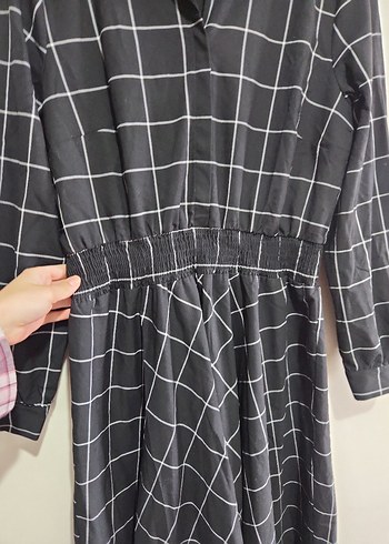 Siyah Kareli Midi Kuşaklı Uzun Kollu Elbise - Görsel 2