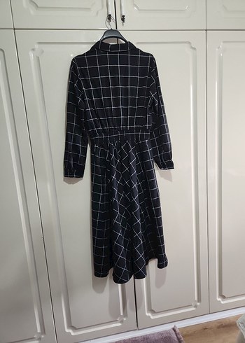 Siyah Kareli Midi Kuşaklı Uzun Kollu Elbise - Görsel 6