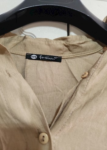 Bej Kadın Keten Salaş Midi Gömlek - Görsel 2