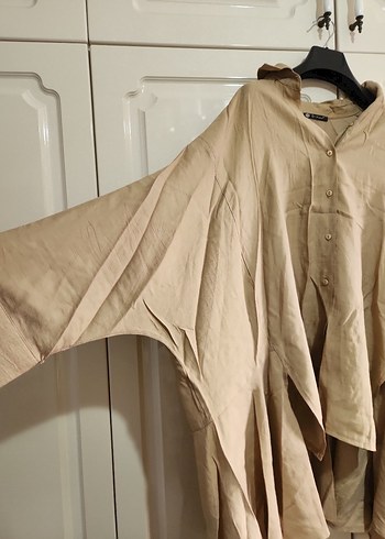Bej Kadın Keten Salaş Midi Gömlek - Görsel 5