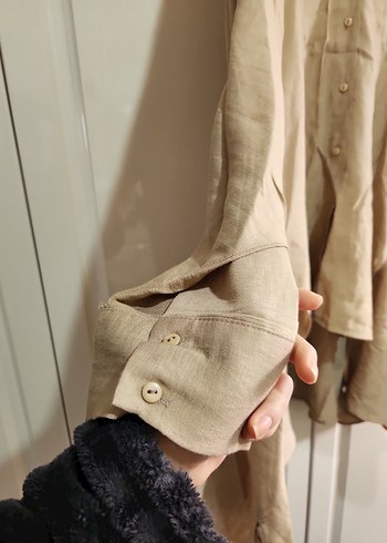 Bej Kadın Keten Salaş Midi Gömlek - Görsel 6