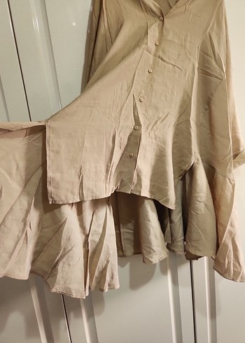 Bej Kadın Keten Salaş Midi Gömlek - Görsel 4