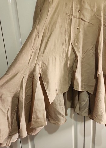 Bej Kadın Keten Salaş Midi Gömlek - Görsel 3