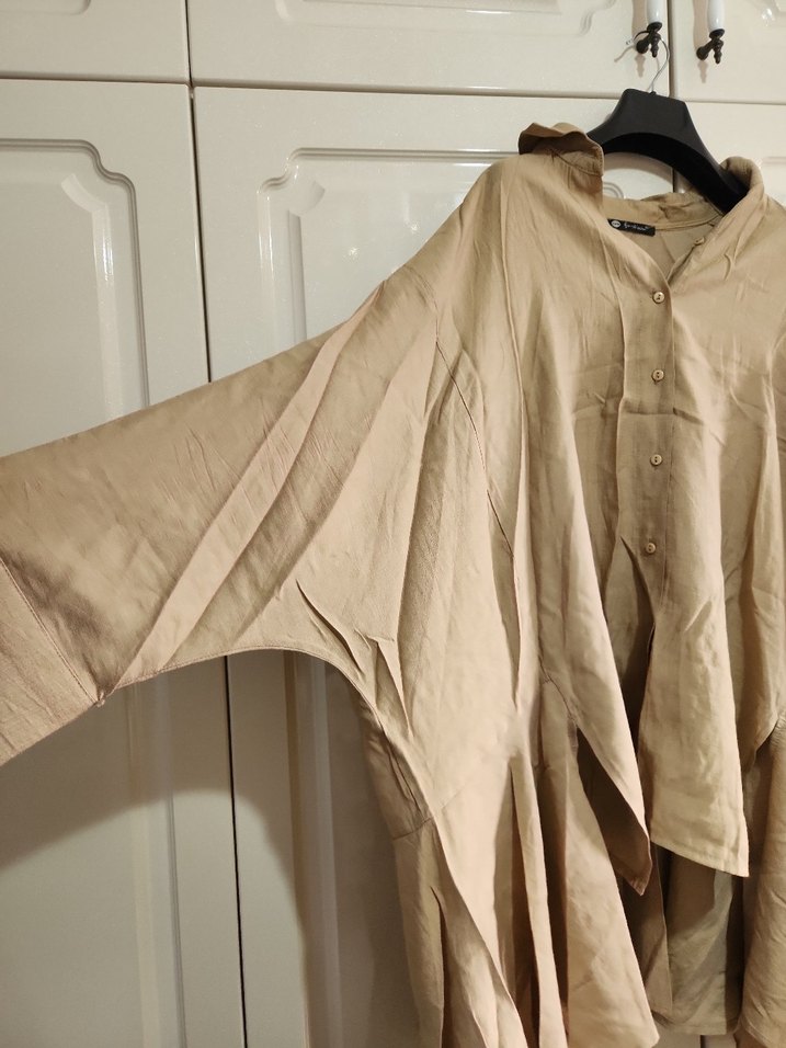 Bej Kadın Keten Salaş Midi Gömlek - Görsel 5