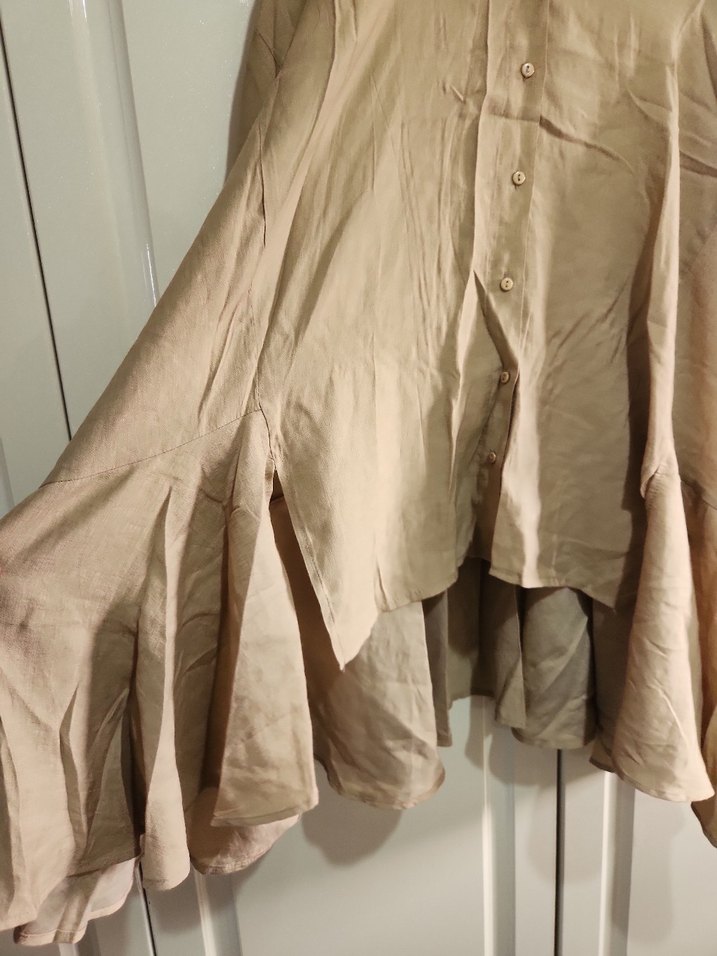 Bej Kadın Keten Salaş Midi Gömlek - Görsel 3