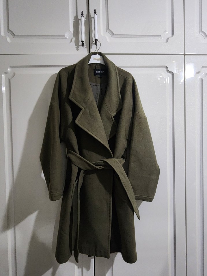 Kadın Yeşil Süet Kemerli Midi Kaban - Görsel 4