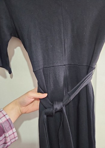 Drapeli Siyah Uzun Keten Elbise - Görsel 4