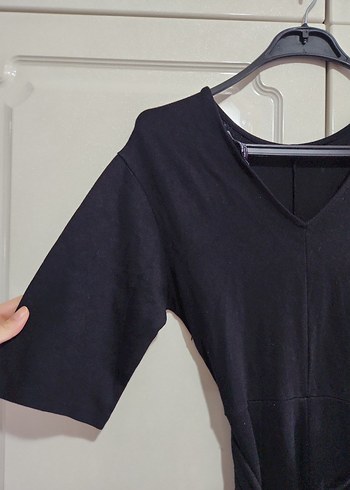 Drapeli Siyah Uzun Keten Elbise - Görsel 6