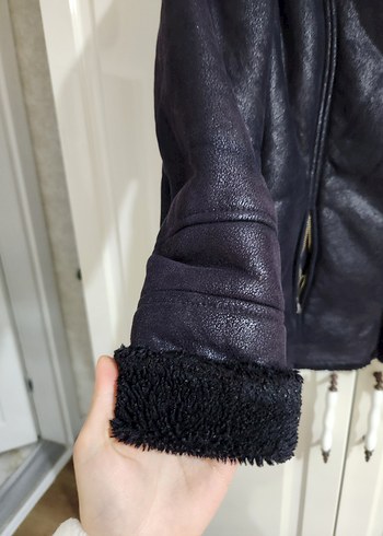 Kürklü Siyah Deri Kadın Biker Ceket - Görsel 4