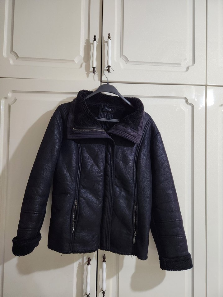 Kürklü Siyah Deri Kadın Biker Ceket - Görsel 5