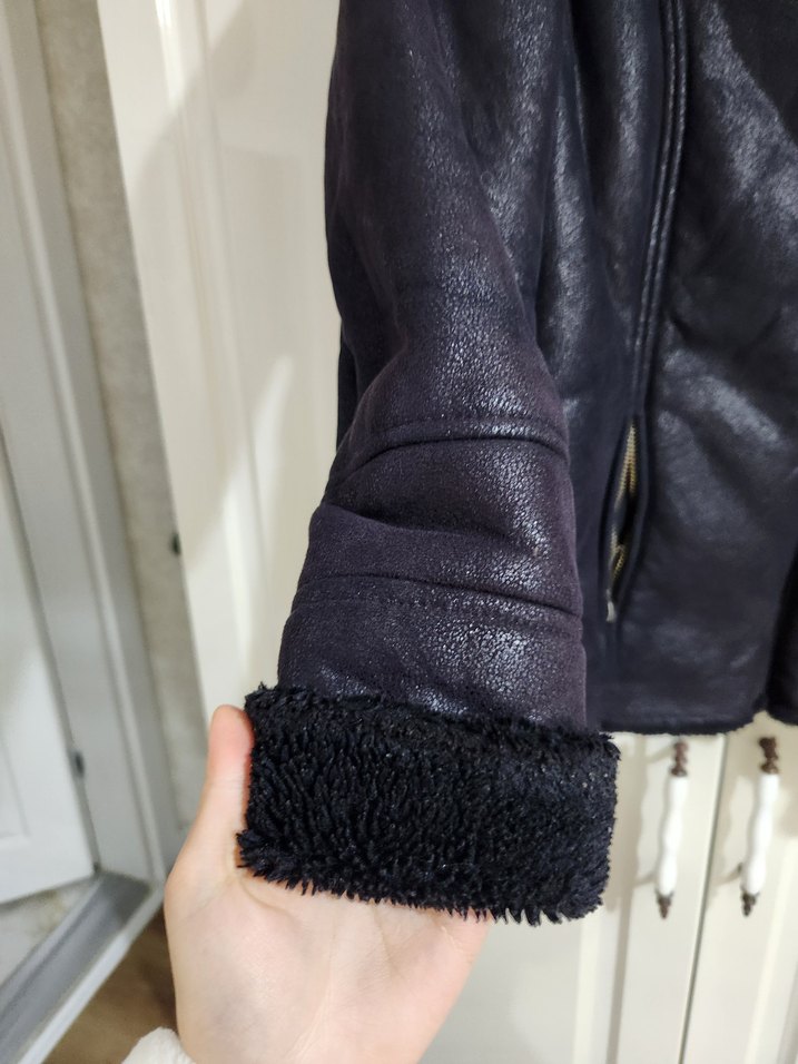 Kürklü Siyah Deri Kadın Biker Ceket - Görsel 4