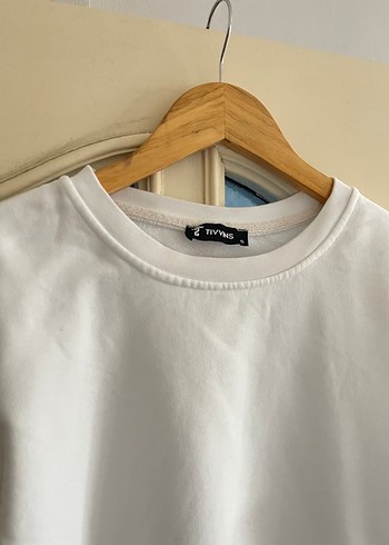 Kadın Beyaz Pamuklu Bisiklet Yaka Sweatshirt - Görsel 6