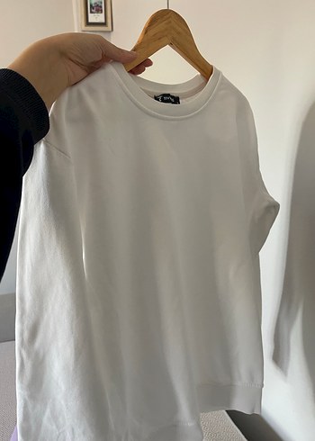 Kadın Beyaz Pamuklu Bisiklet Yaka Sweatshirt - Görsel 2