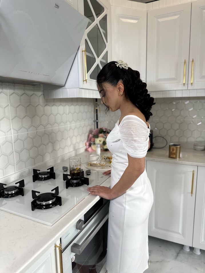 Beyaz Midi Abiye Elbise - Görsel 3