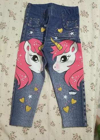 Pullu Unicorn Baskılı Kız Kot Tayt