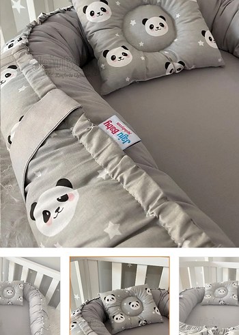 Gri Nakışlı Bebek Yatağı ve Yastık Seti - Görsel 2