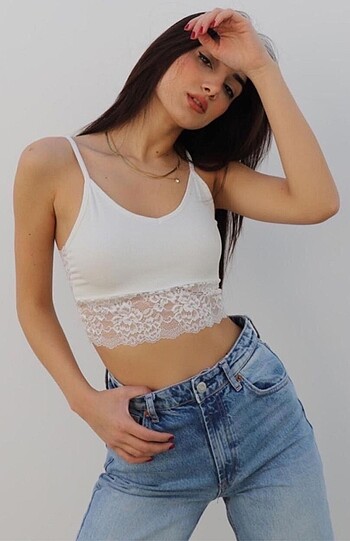 Ön arka dantelli askılı crop