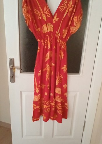 Kırmızı V Yaka Uzun Bohem Elbise - Görsel 2