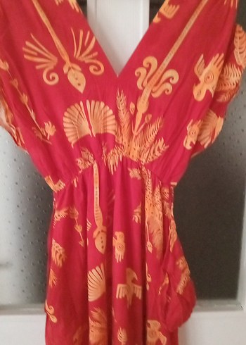 Kırmızı V Yaka Uzun Bohem Elbise - Görsel 7