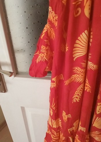 Kırmızı V Yaka Uzun Bohem Elbise - Görsel 4