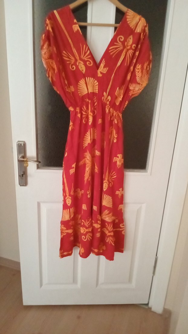 Kırmızı V Yaka Uzun Bohem Elbise - Görsel 2